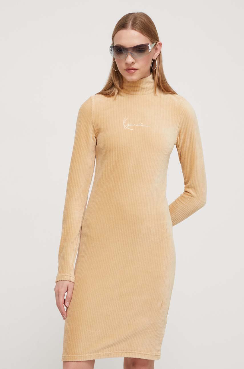 Šaty Karl Kani béžová barva, mini - béžová - 66 % Bavlna