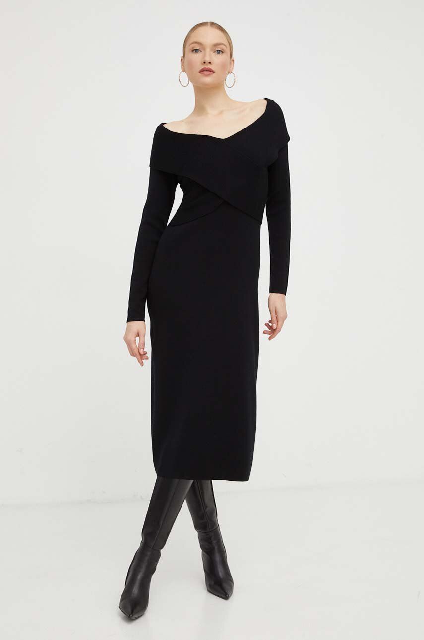 Vlněné šaty Luisa Spagnoli černá barva, midi - černá - 100 % Virgin vlna