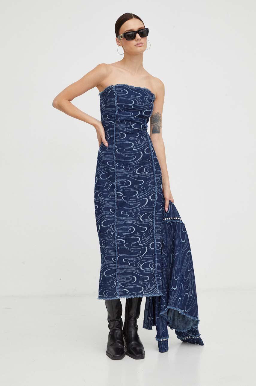 Džínové šaty Résumé Tacoma tmavomodrá barva, midi - námořnická modř - 100 % Bavlna