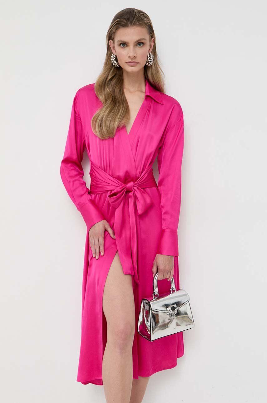 Šaty BOSS růžová barva, midi - růžová - 100 % Viskóza