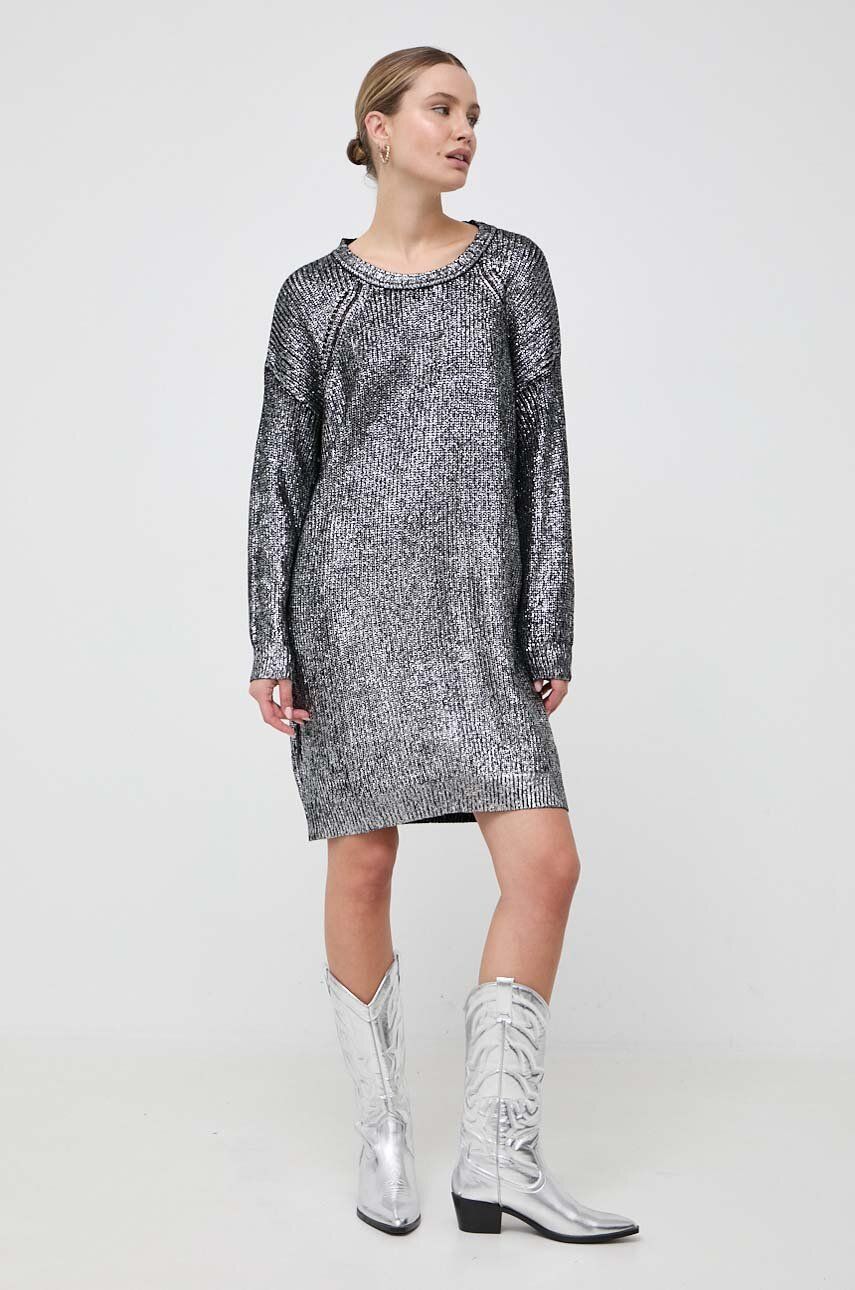 Šaty z vlněné směsi Pinko stříbrná barva, mini, oversize - stříbrná - 45 % Viskóza