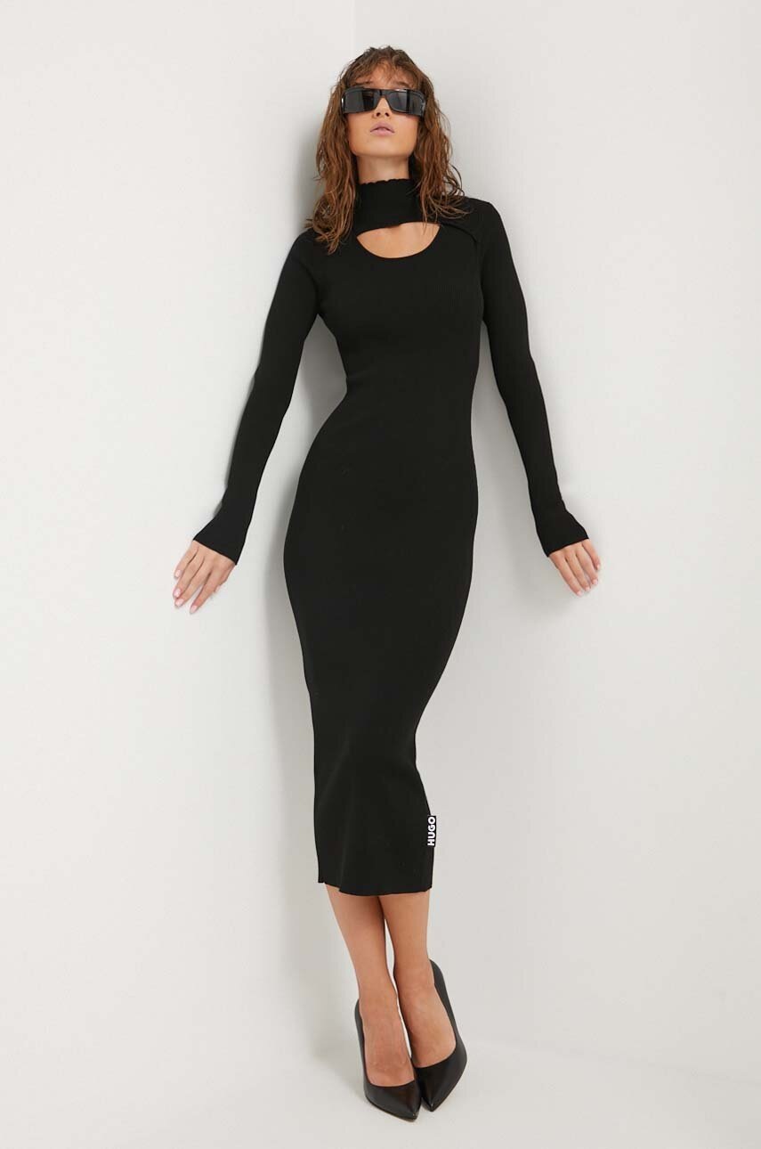 HUGO rochie culoarea negru, midi, mulata