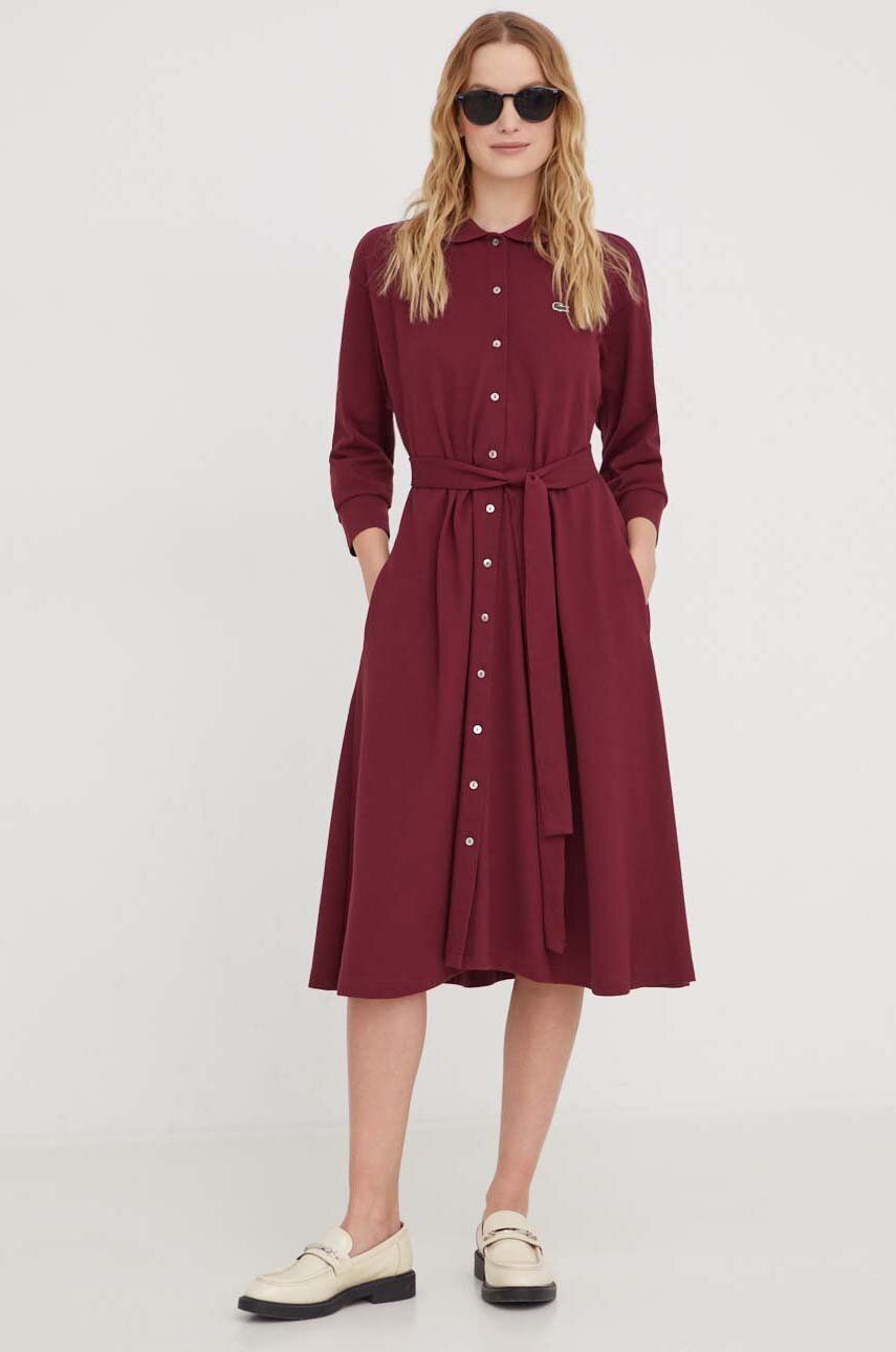 Bavlněné šaty Lacoste vínová barva, mini, oversize - burgundské - 100 % Bavlna