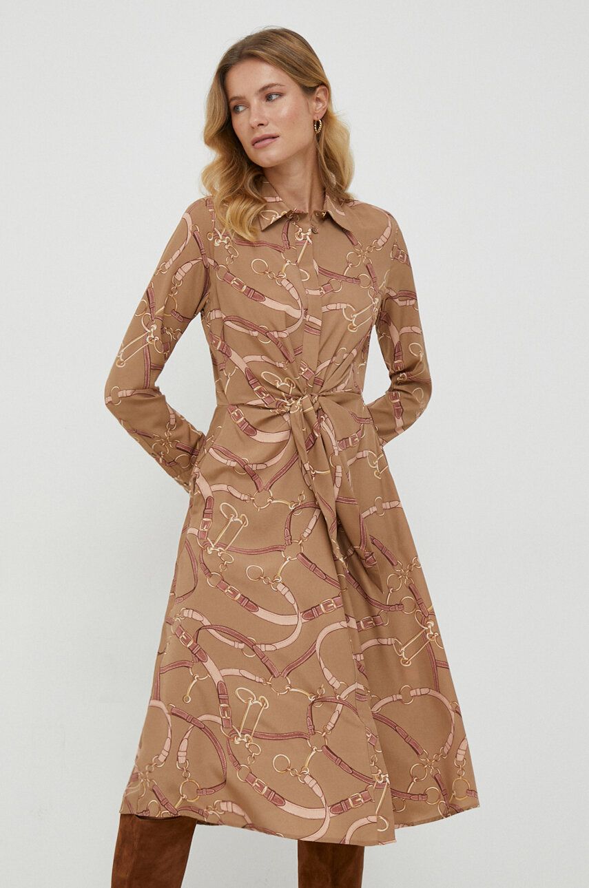 Šaty Lauren Ralph Lauren hnědá barva, midi - hnědá - 100 % Recyklovaný polyester