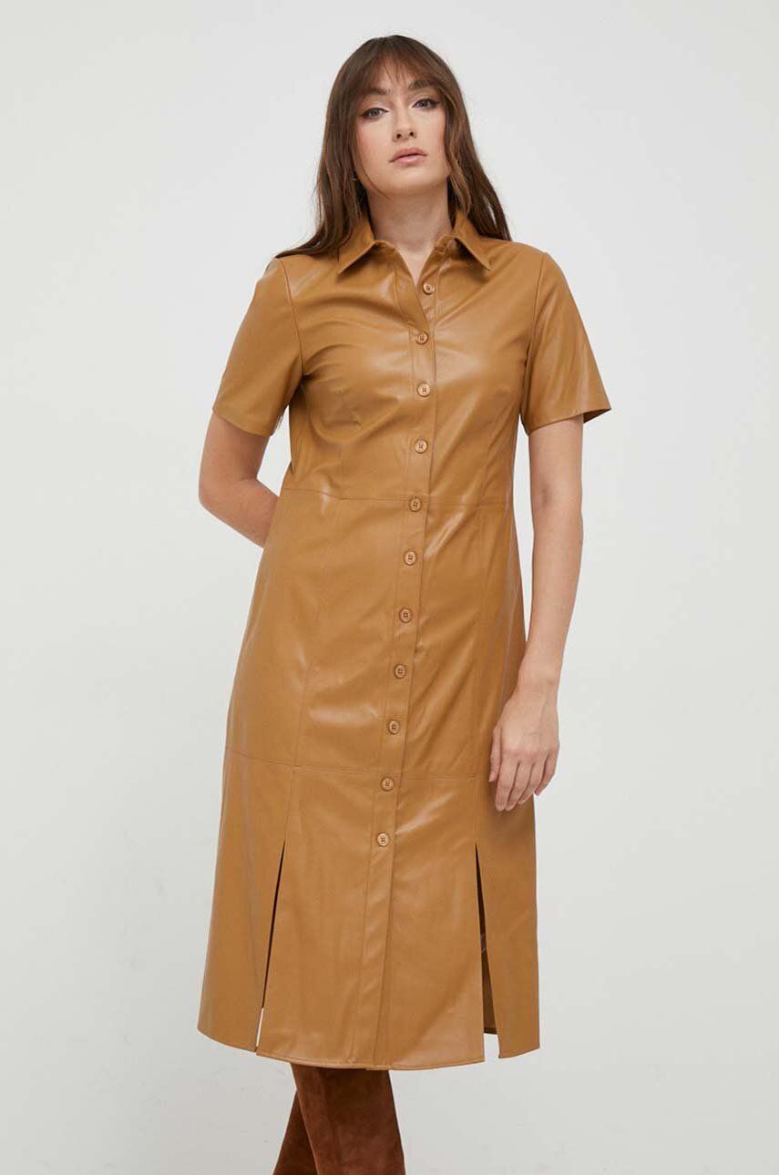 Šaty Dkny hnědá barva, midi - hnědá - Hlavní materiál: 100 % Polyuretan Vnitřek: 100 % Polyeste