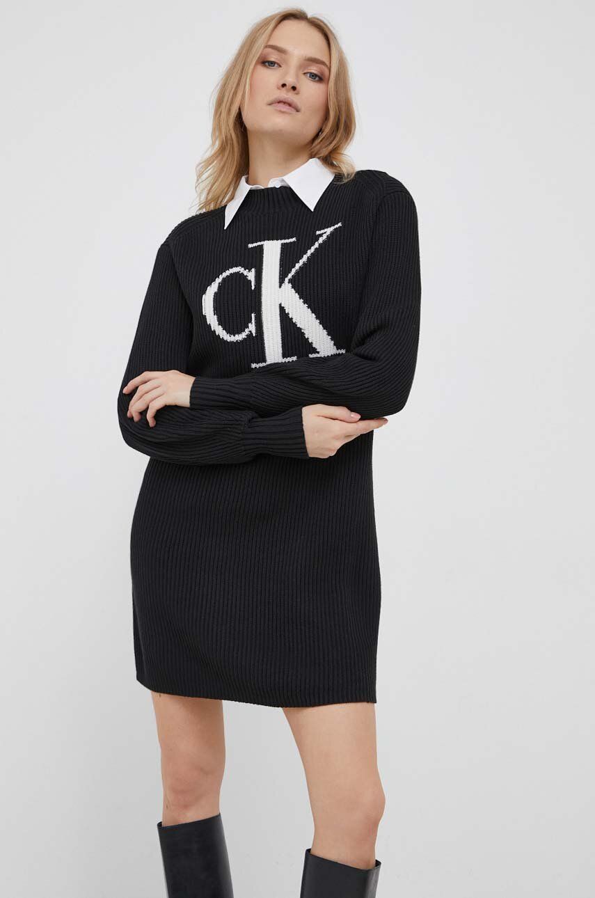 Bavlněné šaty Calvin Klein Jeans černá barva, midi - černá - 100 % Bavlna