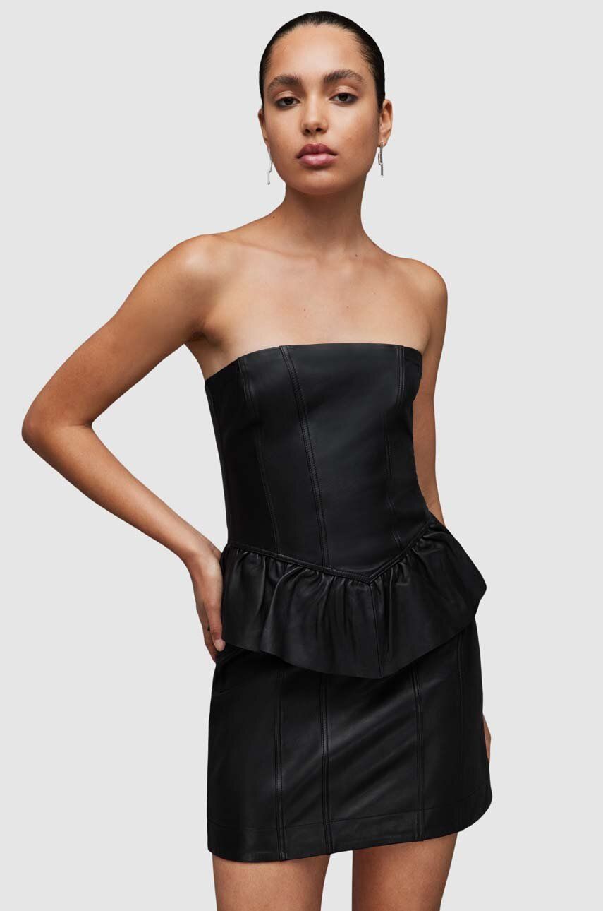 Kožené šaty AllSaints WL068Z CASSIE LEA RUFFLE DR černá barva, mini - černá - 100 % Jehněčí kůže