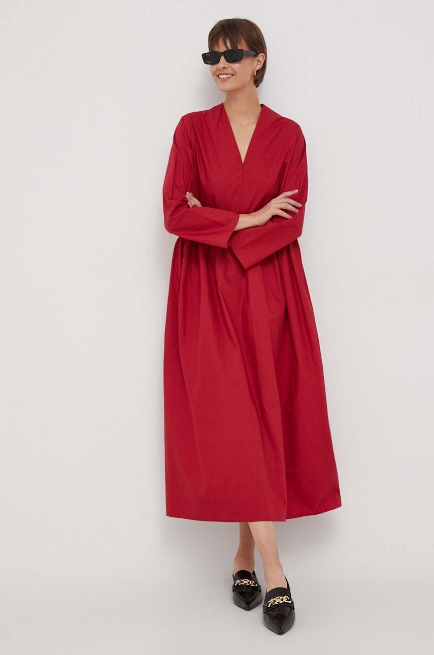 Bavlnené šaty United Colors of Benetton červená farba, maxi, áčkový strih