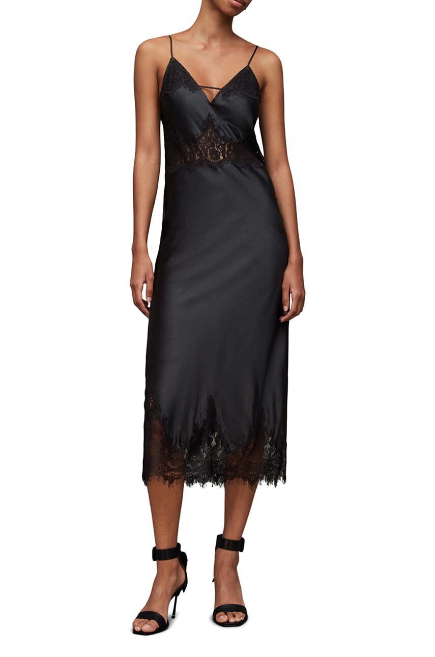Šaty AllSaints Ophelia černá barva, midi - černá - Hlavní materiál: 65 % Viskóza EcoVero