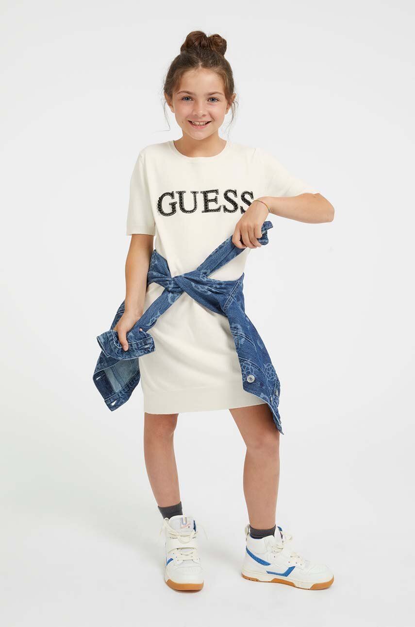 Dívčí šaty Guess béžová barva, midi - béžová -  82 % Viskóza