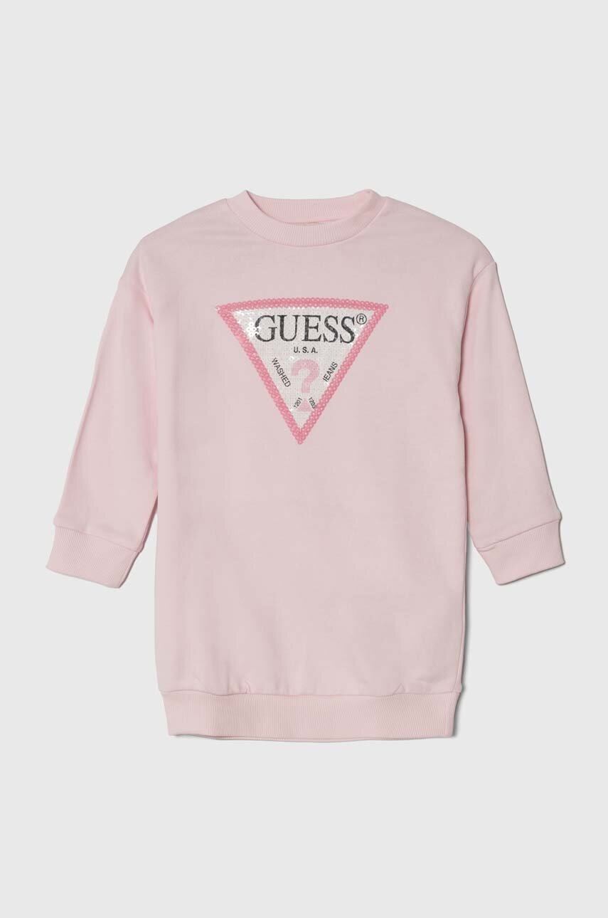 

Детска памучна рокля Guess в розово среднодълга със стандартна кройка, Розов