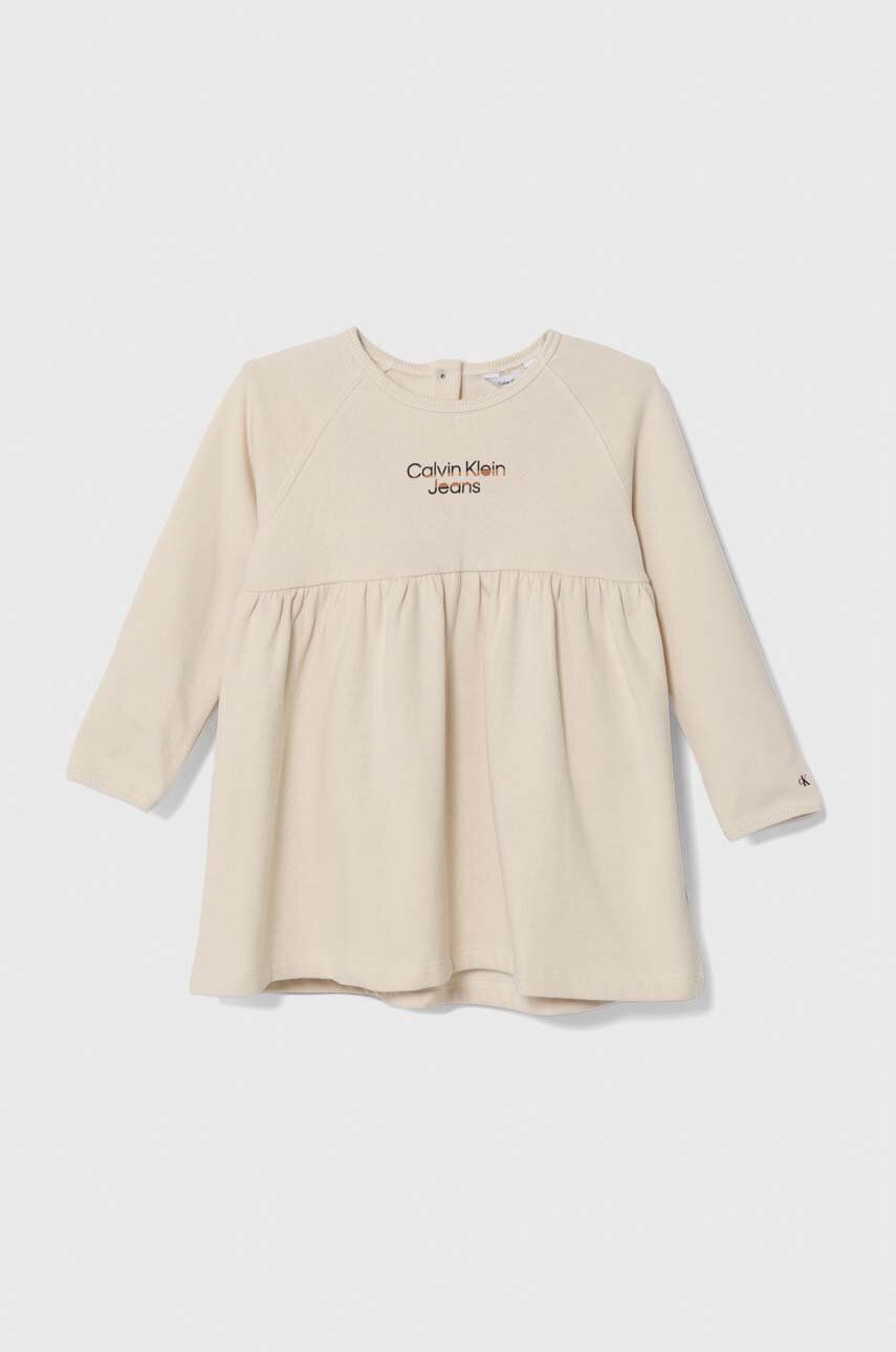 Levně Dětské bavlněné šaty Calvin Klein Jeans béžová barva, mini