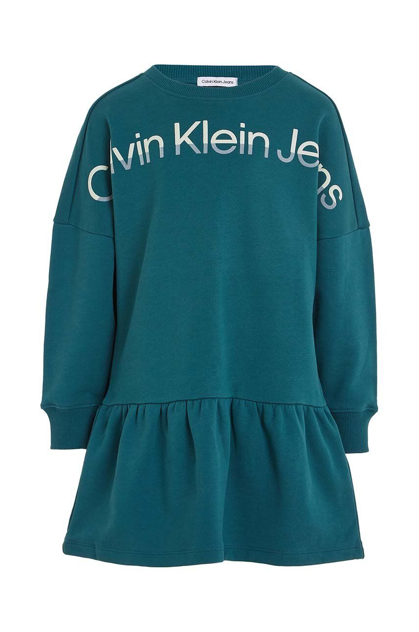 Dětské bavlněné šaty Calvin Klein Jeans zelená barva, mini - zelená - Hlavní materiál: 100 % Bavlna