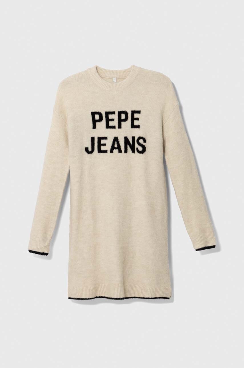 Levně Dětské šaty s příměsí vlny Pepe Jeans béžová barva, mini, oversize