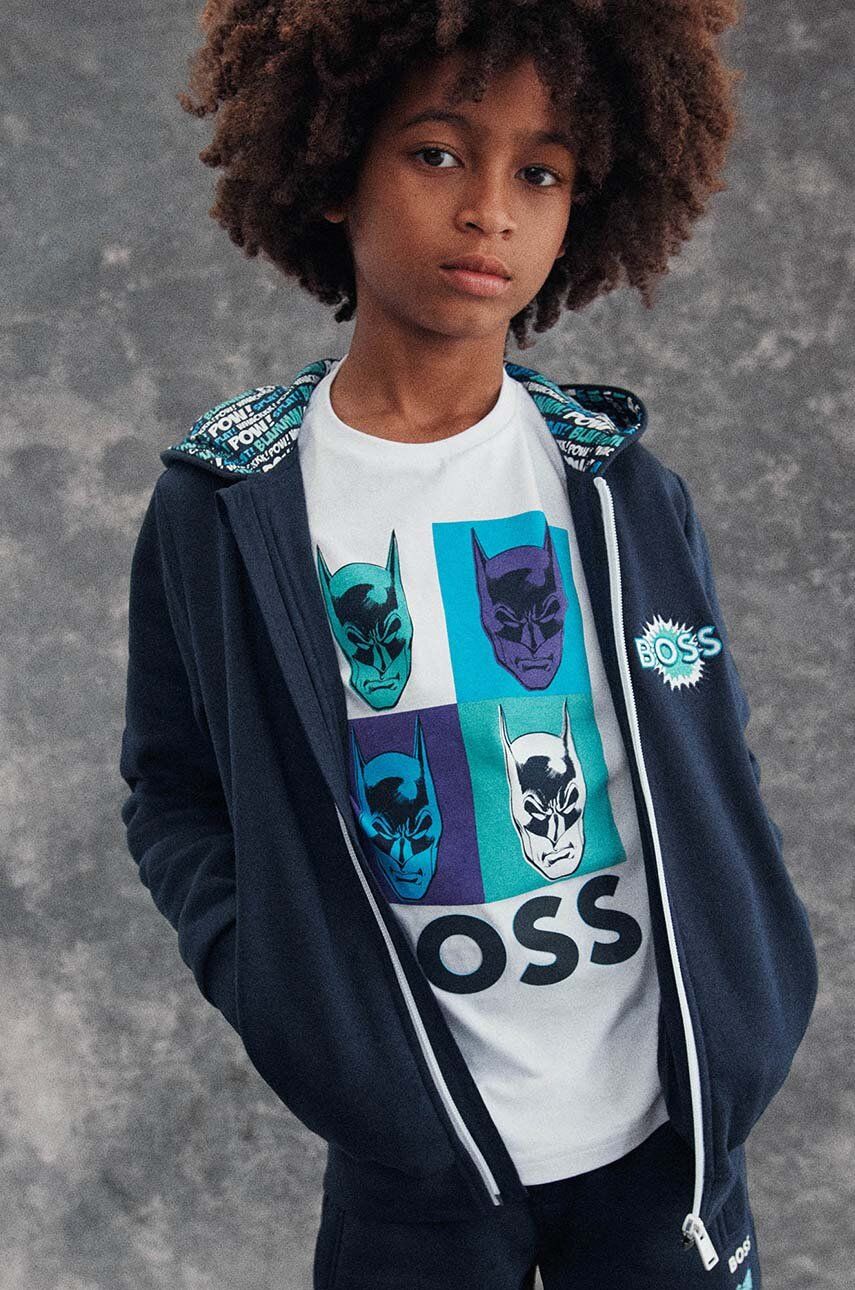 Детская кофта BOSS цвет синий с капюшоном с принтом