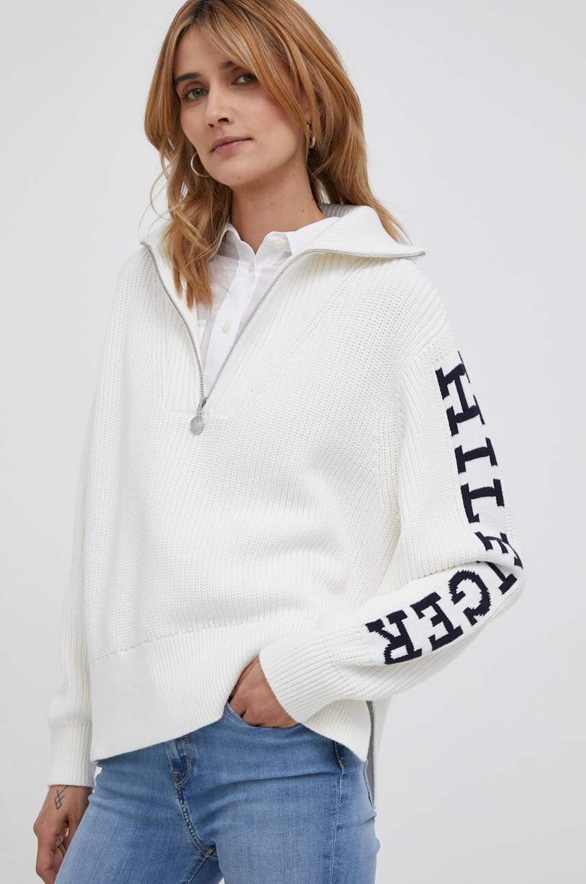 

Памучен пуловер Tommy Hilfiger в бежово от топла материя с поло, Бежов