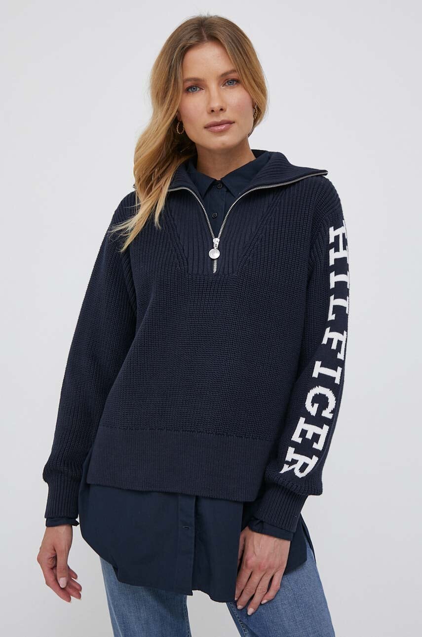 

Памучен пуловер Tommy Hilfiger в тъмносиньо от топла материя с поло, Тъмносин