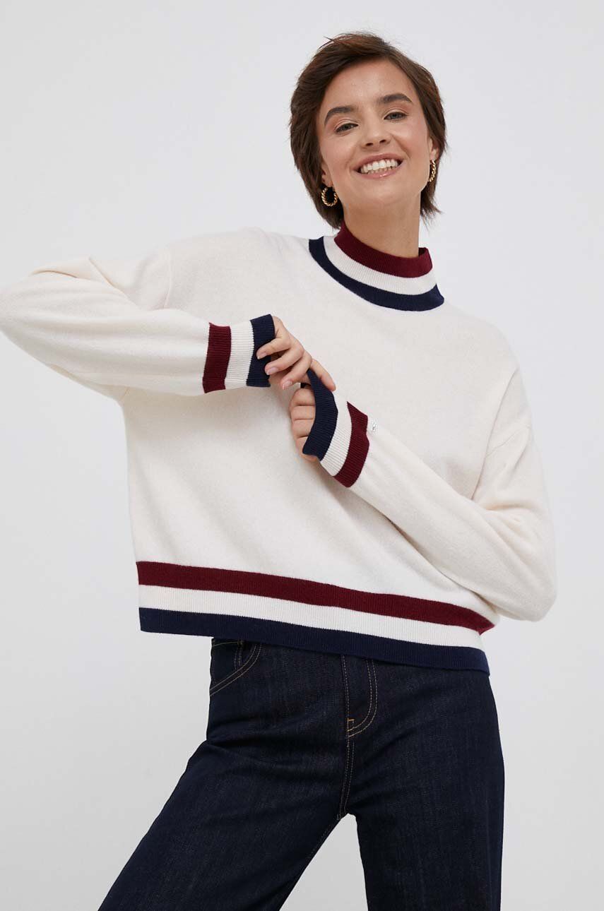 E-shop Vlněný svetr Tommy Hilfiger dámský, béžová barva, lehký, s pologolfem