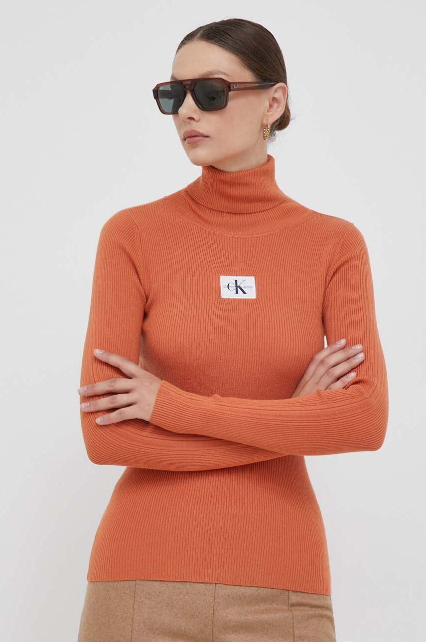 Levně Svetr Calvin Klein Jeans dámský, oranžová barva, s golfem
