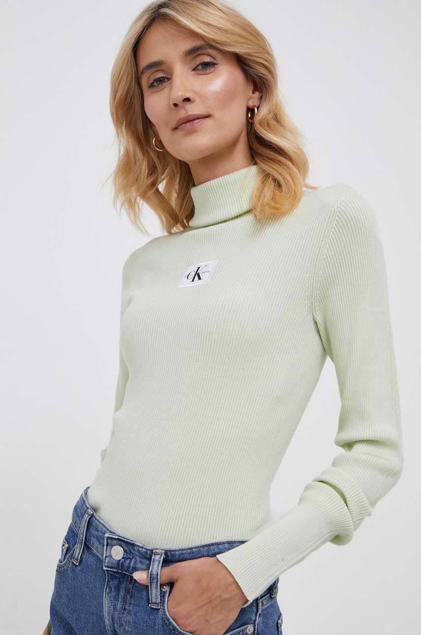 Svetr Calvin Klein Jeans dámský, zelená barva, s golfem - zelená