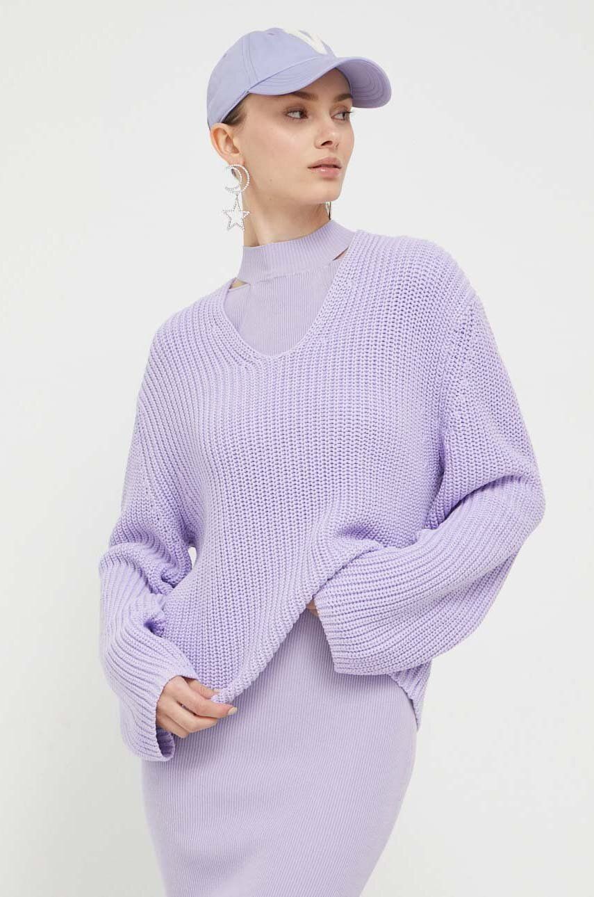 Bavlněný svetr HUGO fialová barva, hřejivý - fialová -  100 % Bavlna