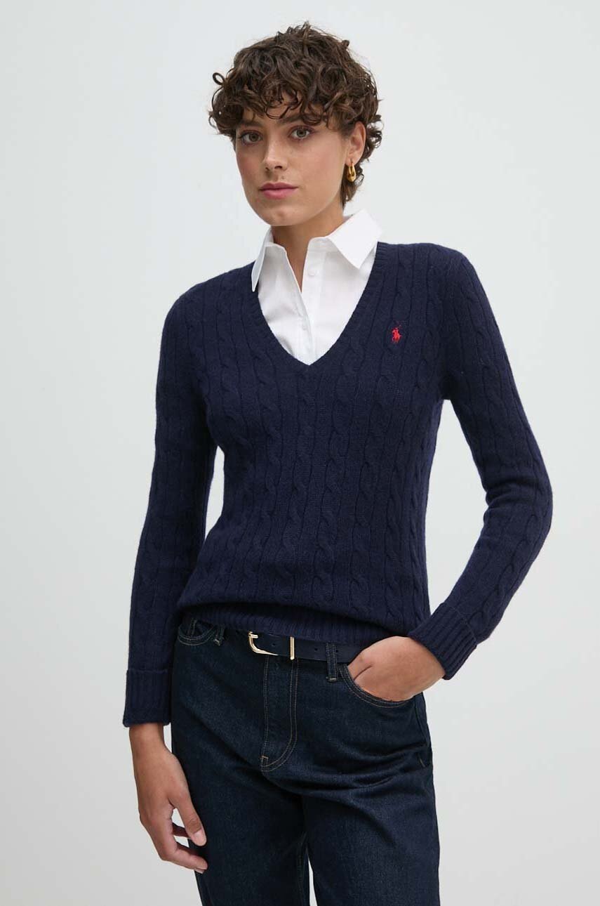 

Вълнен пуловер Polo Ralph Lauren дамски в тъмносиньо от лека материя, Тъмносин