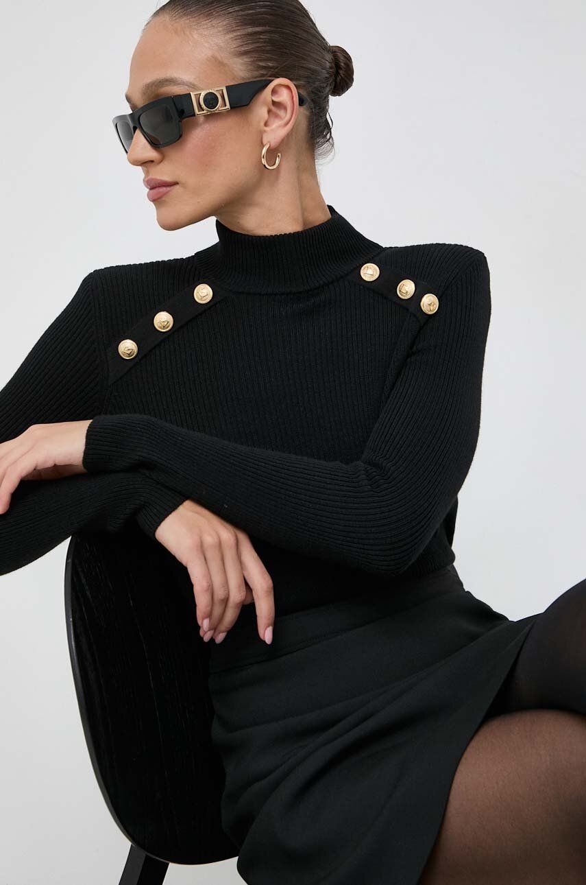 Luisa Spagnoli pulover de lana femei, culoarea negru, cu guler