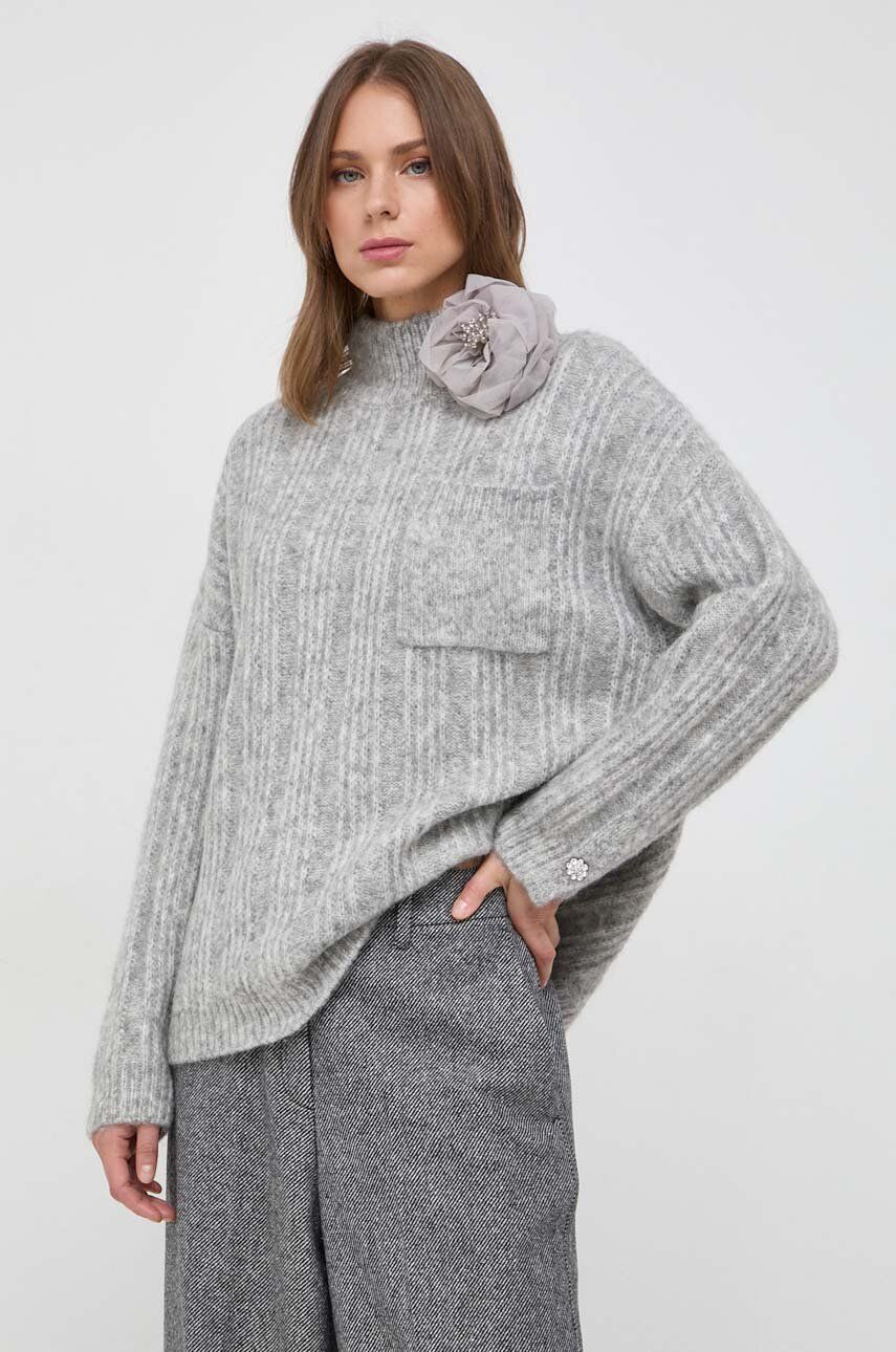 Vlněný svetr Custommade dámský, šedá barva, hřejivý, s pologolfem - šedá - 43 % Vlna