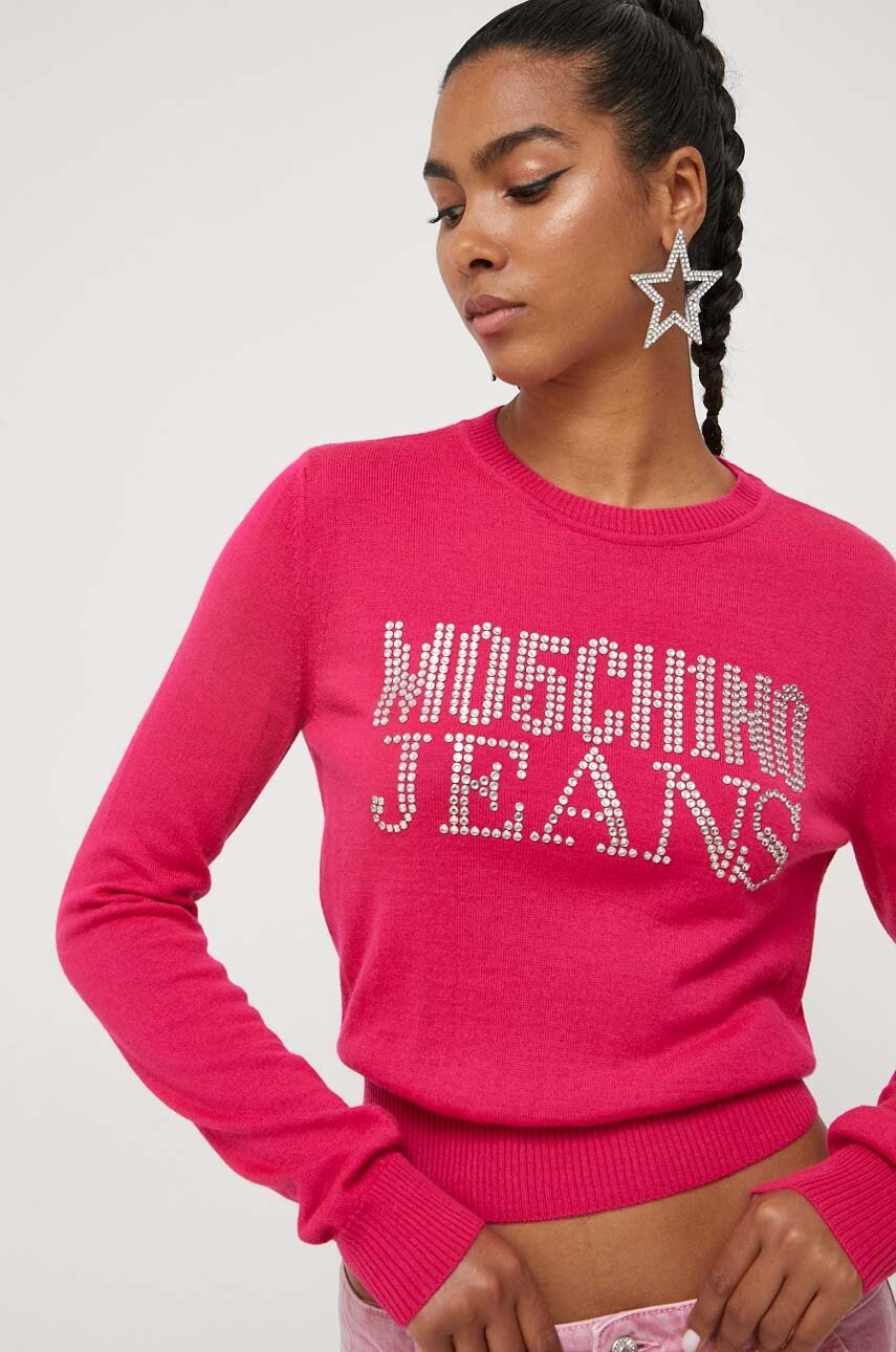

Вълнен пуловер Moschino Jeans дамски в розово от лека материя, Розов