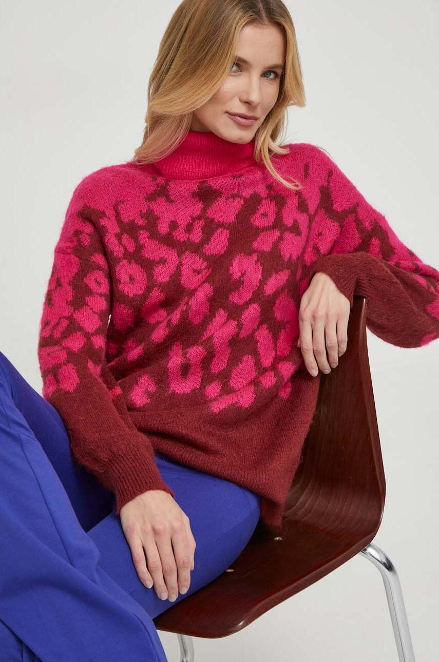 United Colors of Benetton pulover din amestec de lana culoarea roz, light, cu guler