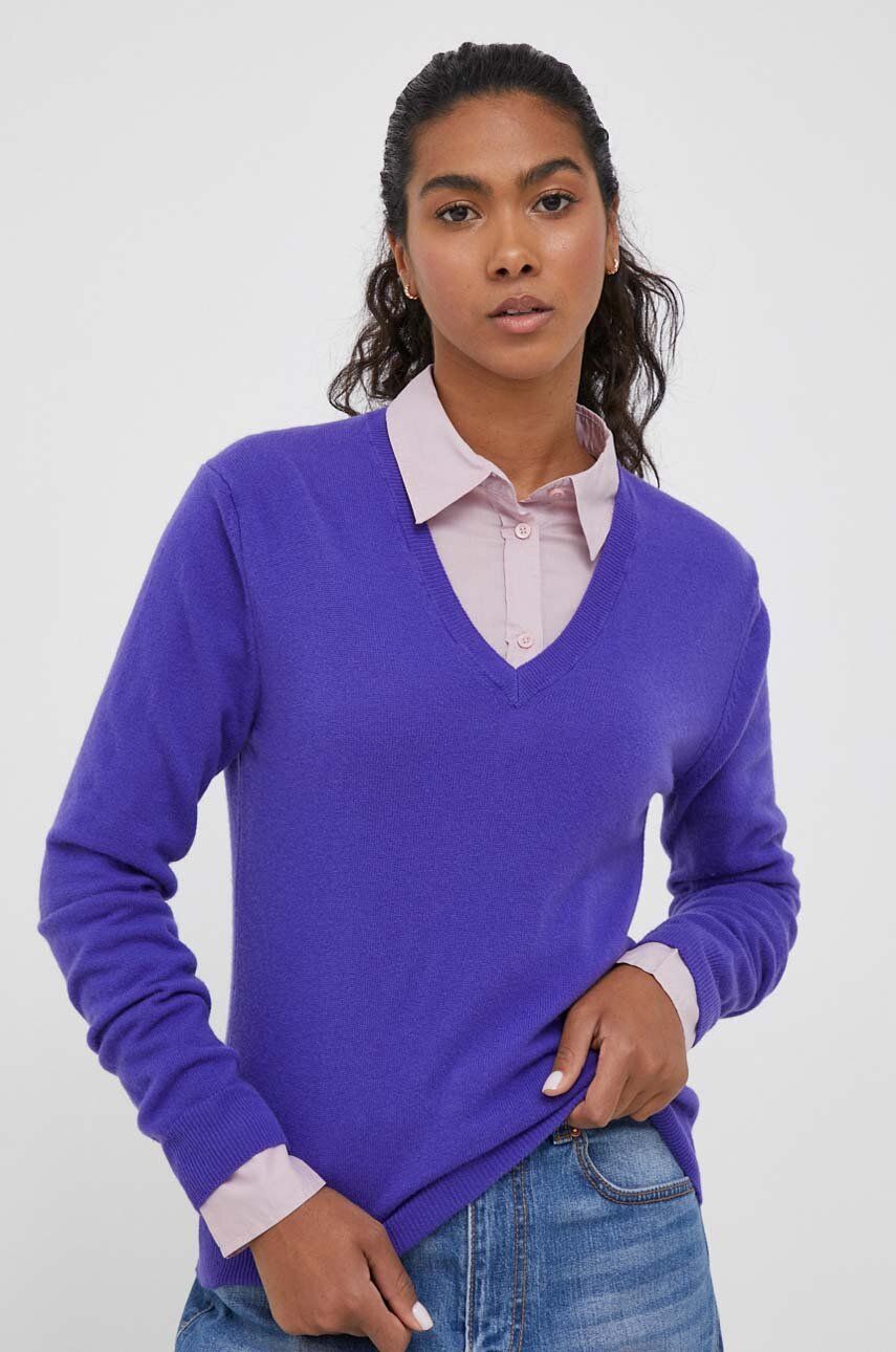 Vlněný svetr United Colors of Benetton dámský, fialová barva, lehký - fialová -  100 % Virgin v