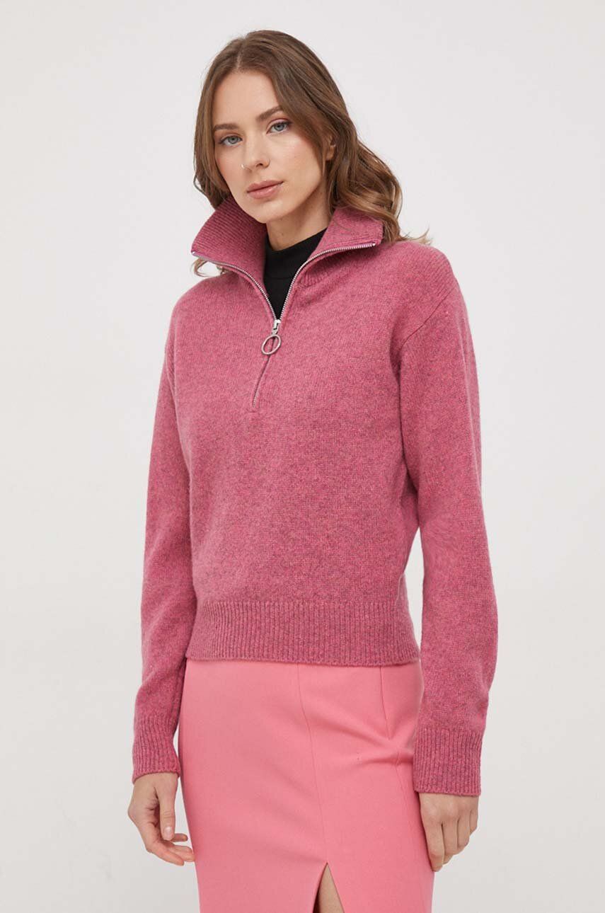 United Colors of Benetton pulover de lana femei, culoarea roz, cu turtleneck