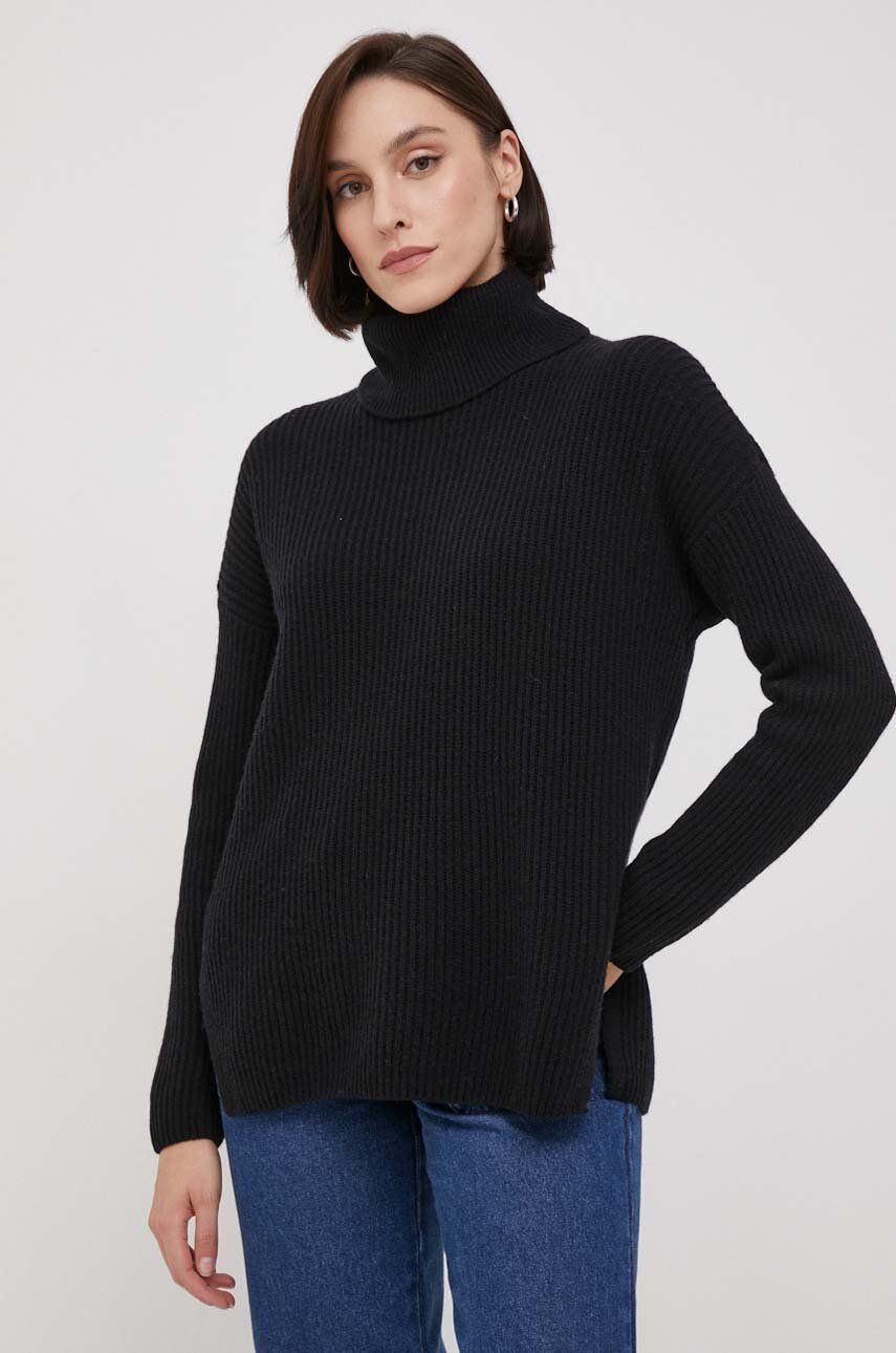 United Colors of Benetton pulover de lana femei, culoarea negru, cu guler