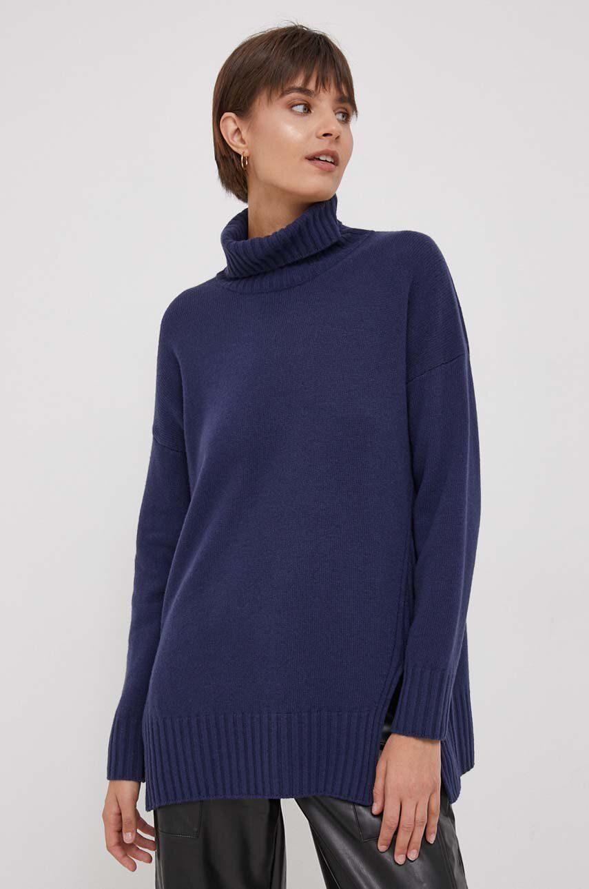 United Colors of Benetton pulover de lana femei, culoarea albastru marin, cu guler
