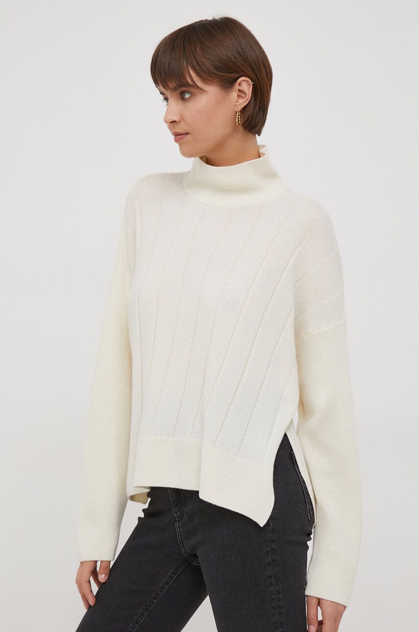 Sisley pulover de lana femei, culoarea bej, cu turtleneck