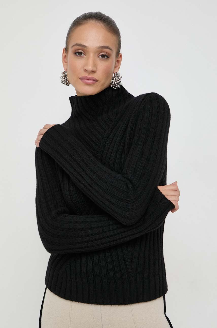 E-shop Vlněný svetr BOSS dámský, černá barva, hřejivý, s pologolfem
