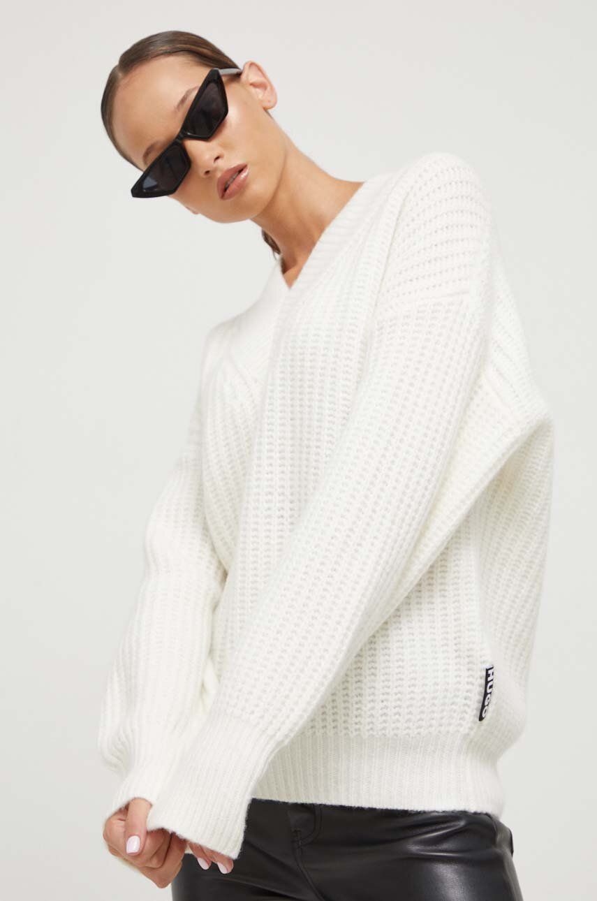 HUGO pulover de lana femei, culoarea alb, călduros