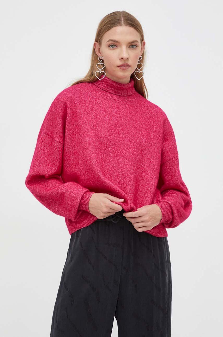 HUGO pulover de lana femei, culoarea roz, light, cu guler