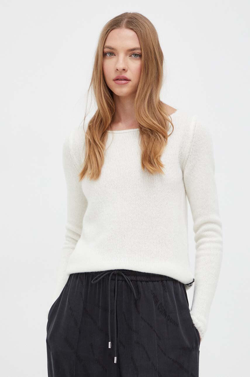 HUGO sweter wełniany damski kolor beżowy lekki