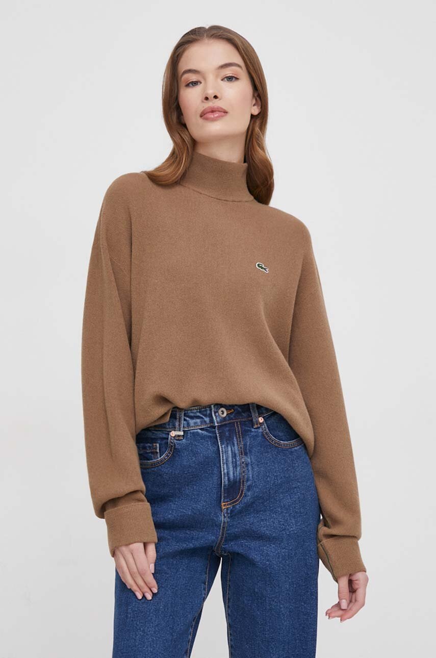 Lacoste pulover de lana femei, culoarea maro, cu turtleneck