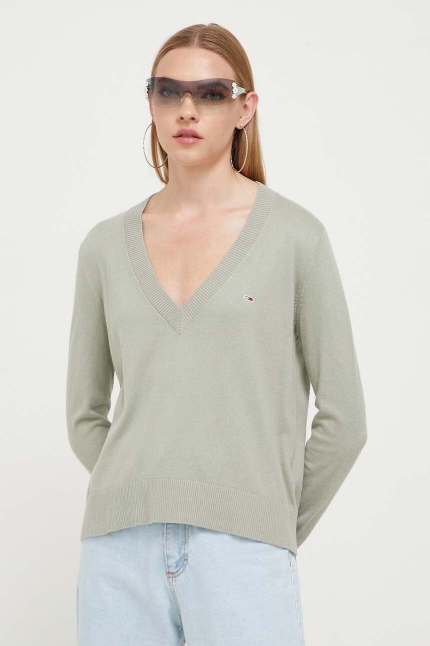 Tommy Jeans pulover femei, culoarea verde, light, cu guler