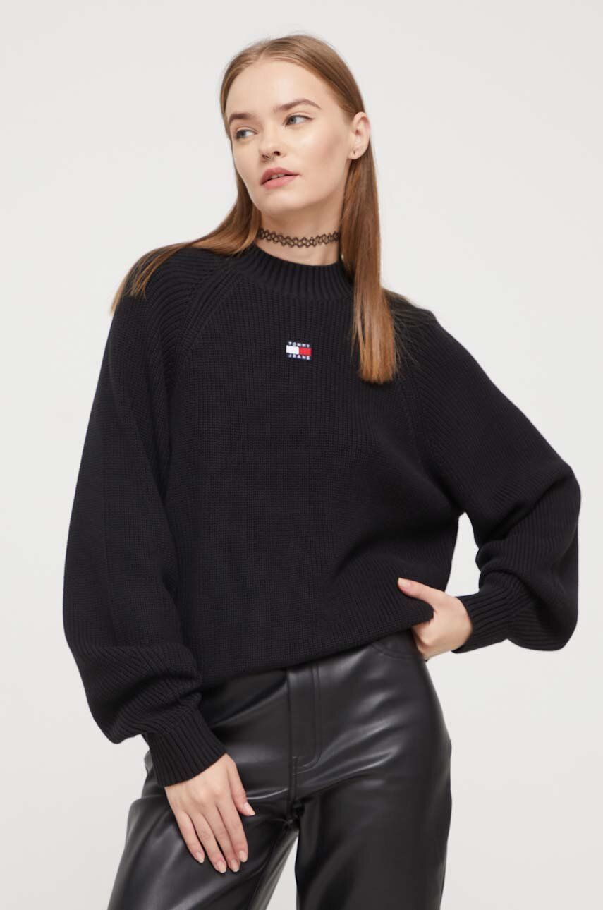 Tommy Jeans pulover de bumbac culoarea negru, cu turtleneck