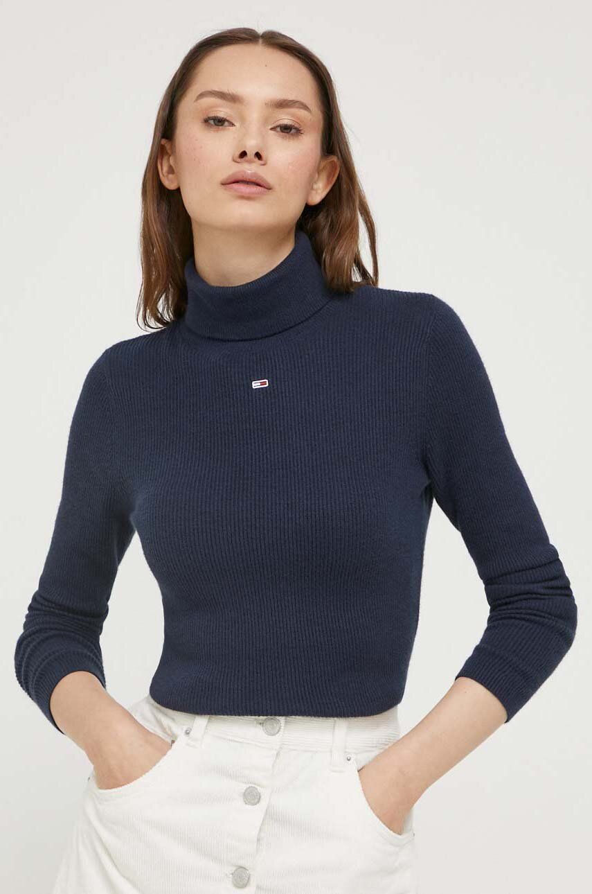 Tommy Jeans pulover femei, culoarea albastru marin, light, cu guler