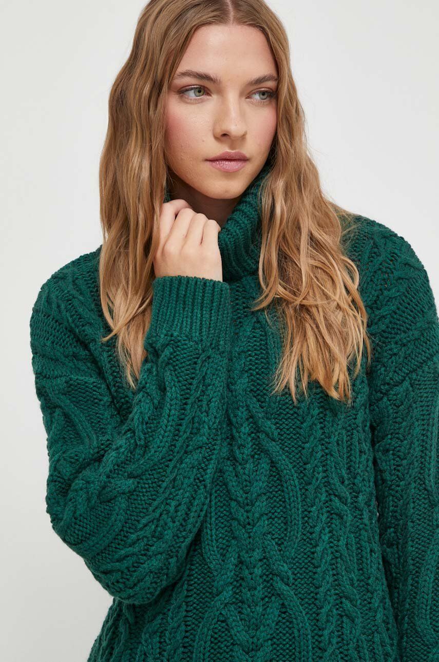 Superdry pulover din amestec de lana femei, culoarea verde, călduros, cu guler