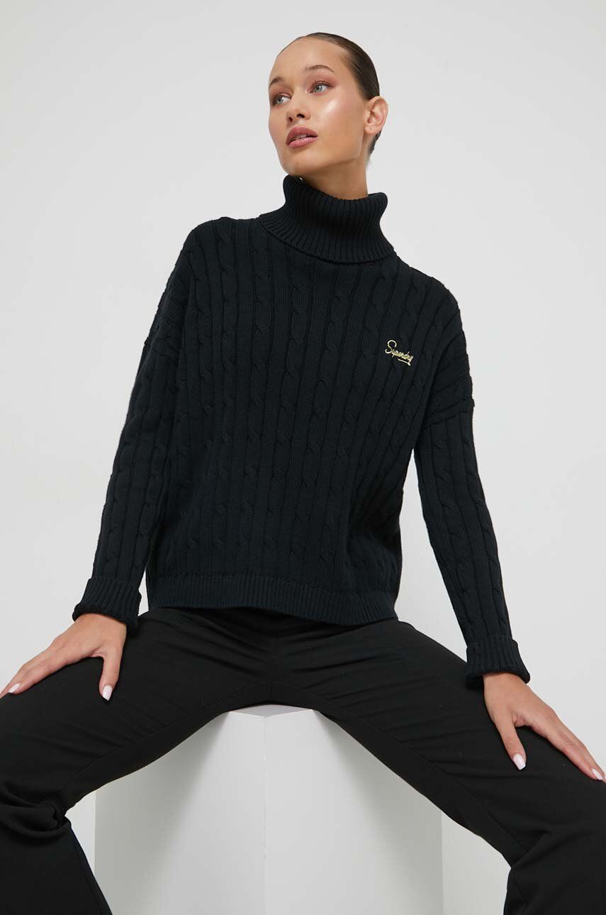 Superdry pulover de bumbac culoarea negru, light, cu guler