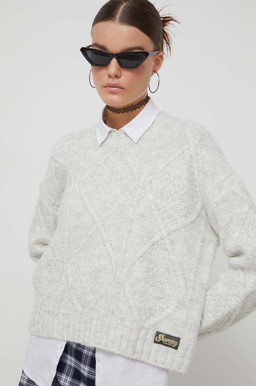 Superdry pulover din amestec de lana femei, culoarea gri, călduros