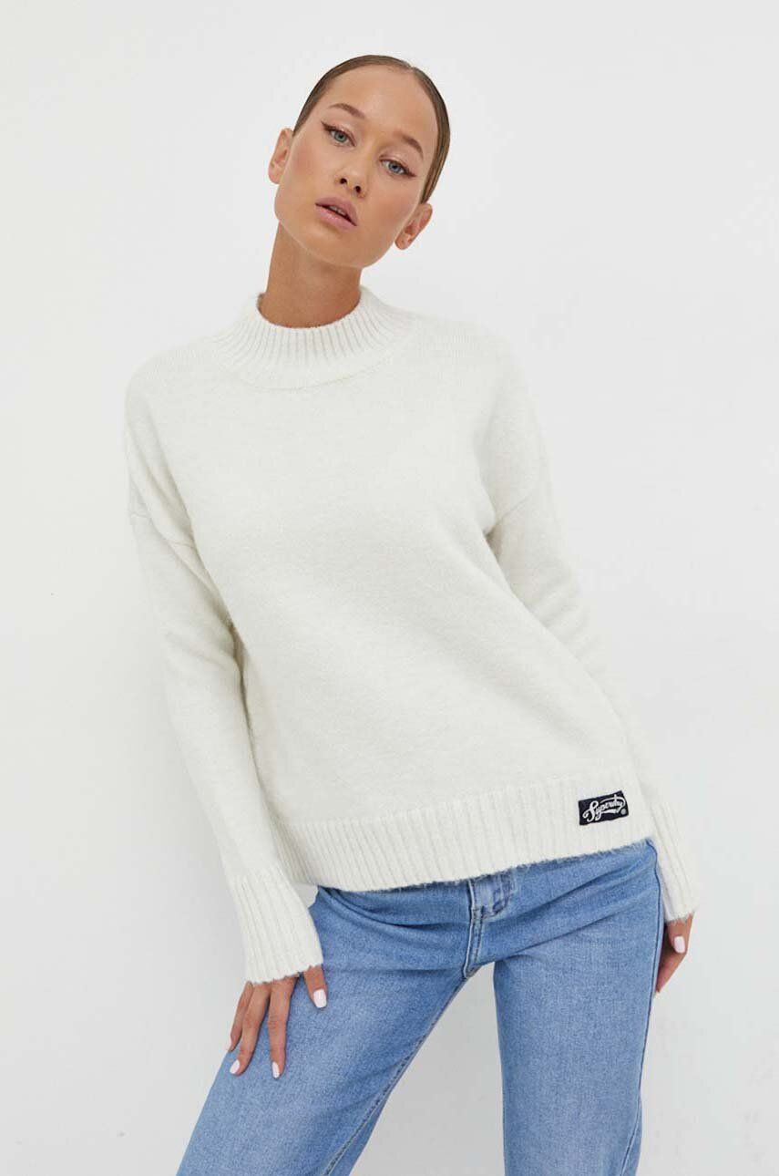 Superdry pulover din amestec de lana femei, culoarea alb, cu turtleneck
