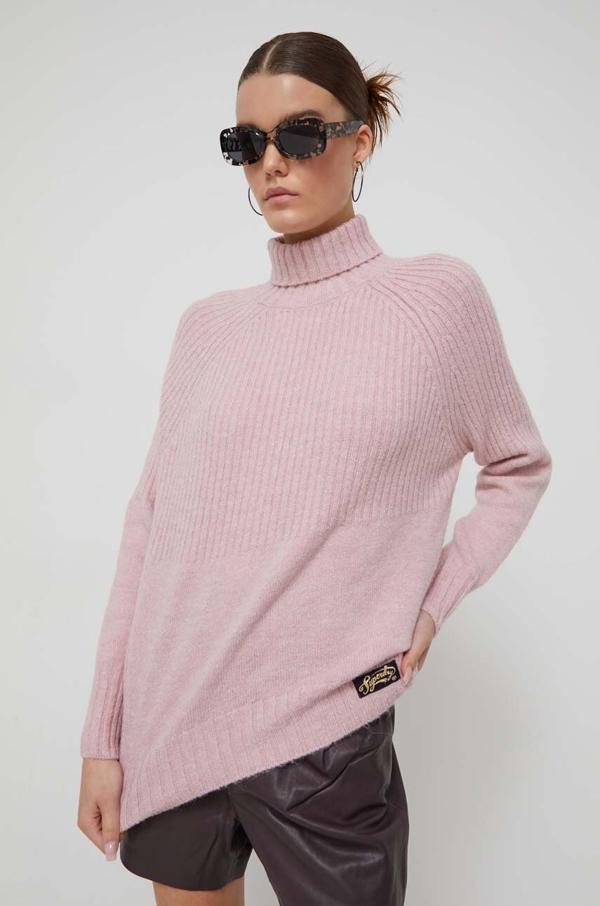 Superdry pulover din amestec de lana femei, culoarea roz, călduros, cu guler