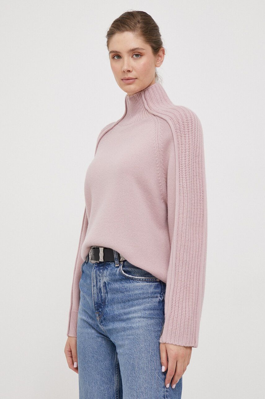 Vlněný svetr Calvin Klein dámský, růžová barva, s pologolfem - růžová - 100 % Vlna