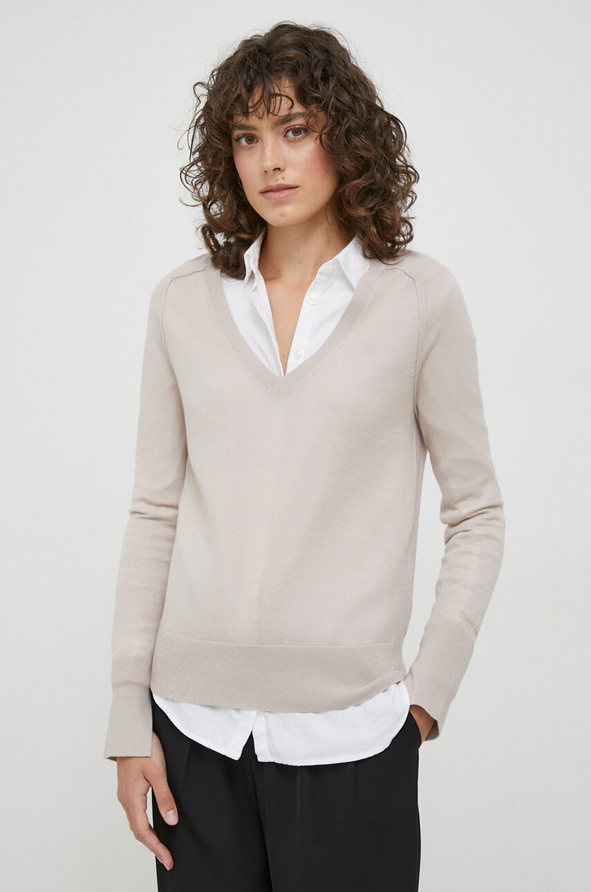 Levně Vlněný svetr Calvin Klein dámský, béžová barva, lehký